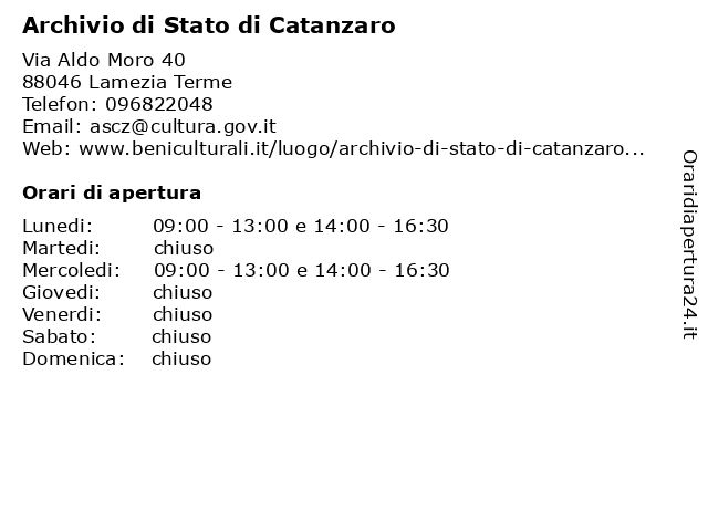 Orari di apertura Archivio di Stato di Catanzaro Via Aldo Moro